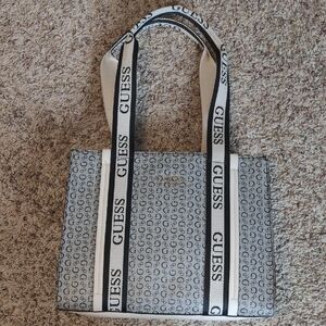 Guess Gray Structured Tote Bag with Monogram Pattern and Striped Handles